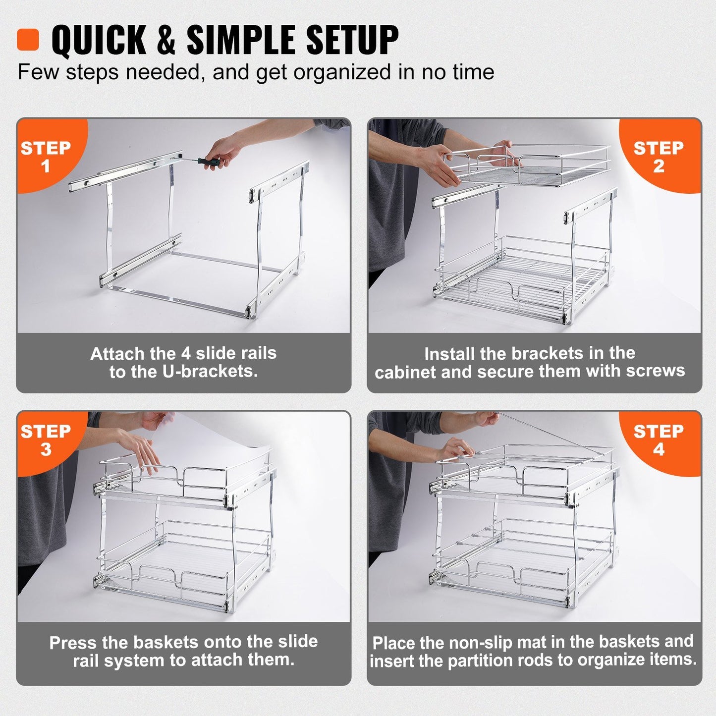 Pull Out Cabinet Organizer 2-Tier - 13"W x 21"D Heavy Duty Slide Out Shelves