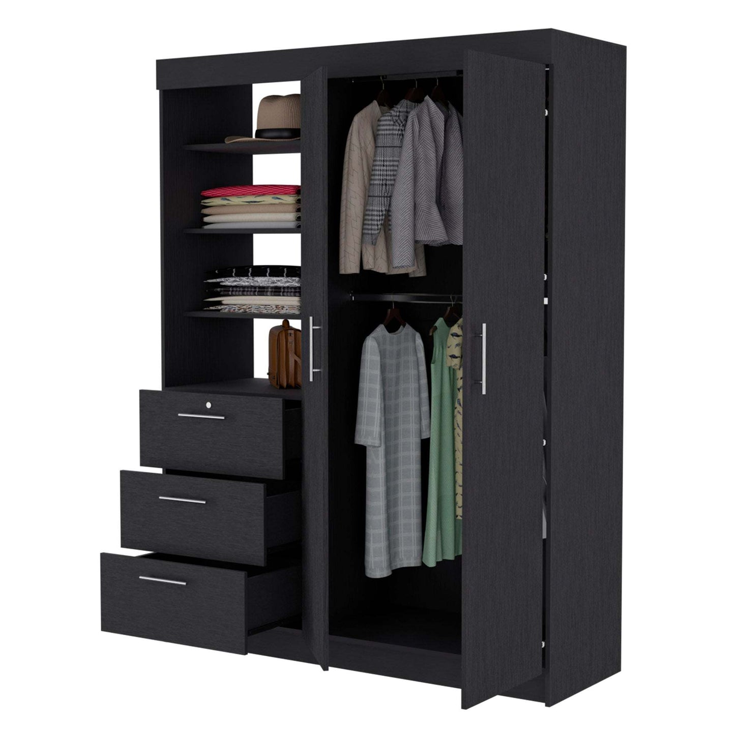 3-Drawer Armoire Black | Ample Storage with Shelves & Hangers