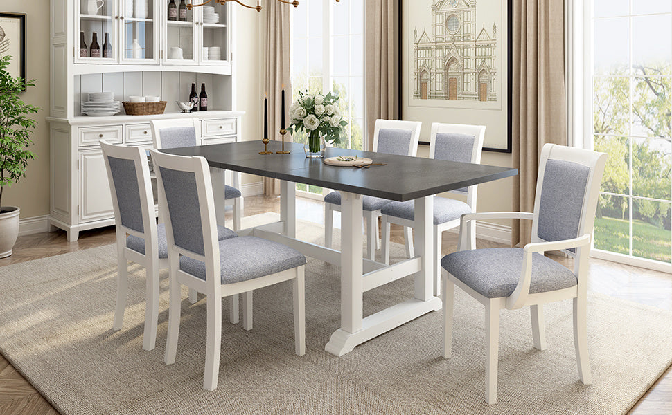 7-Piece Extendable Trestle Dining Table Set - White, 76.9" with Removable Leaf