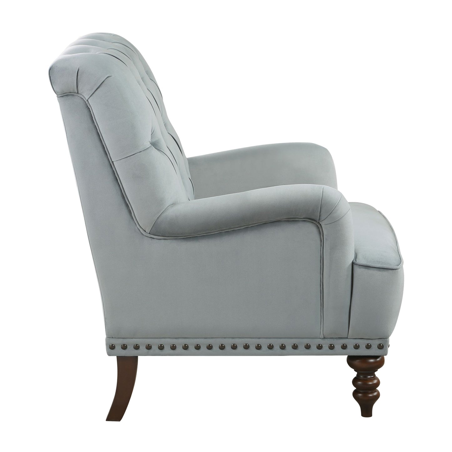 Luxurious Accent Chair Gray Velvet Upholstered Button Tufted with Nailhead Trim