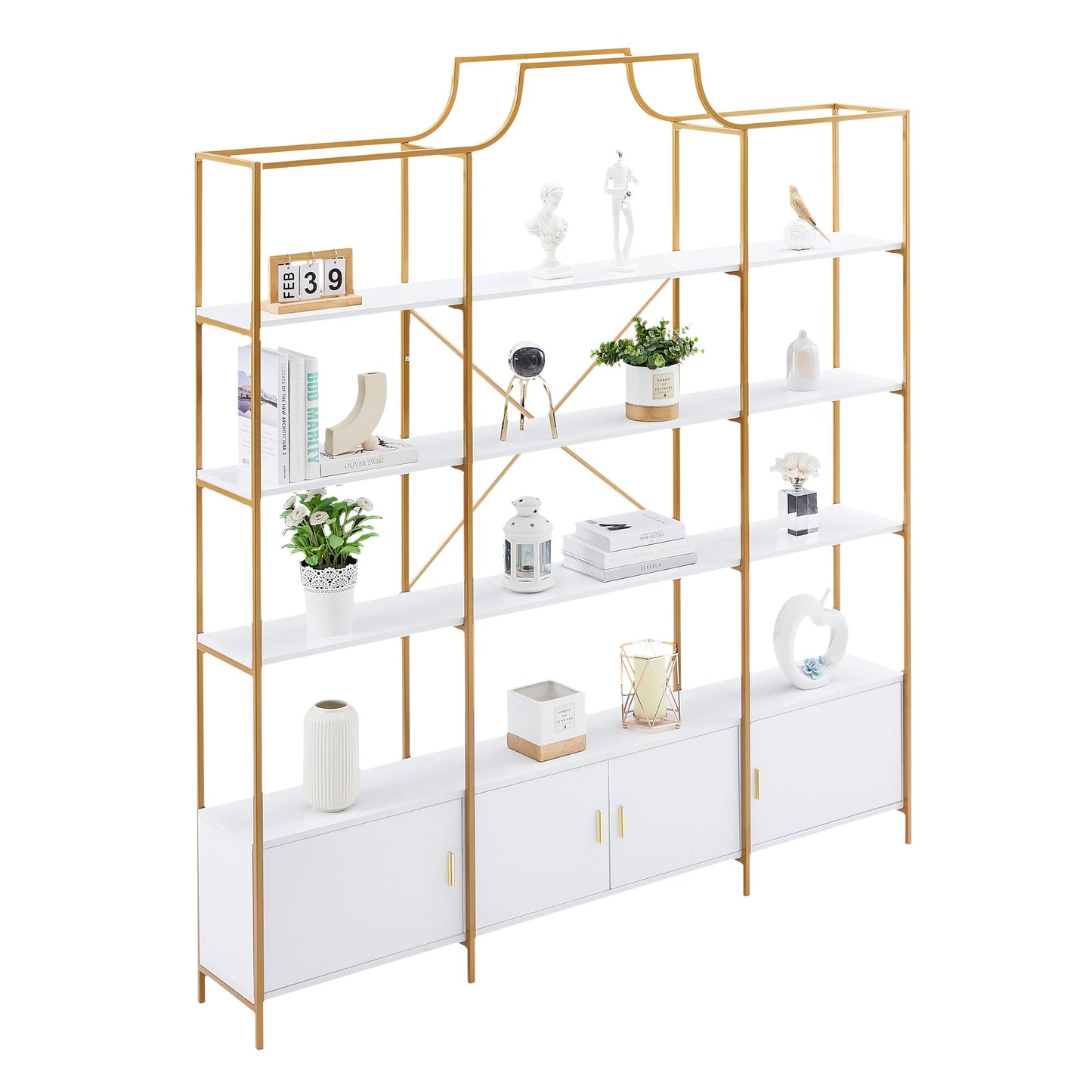 78-Inch 4-Tier Bookcase with Storage Cabinet - Gold Frame