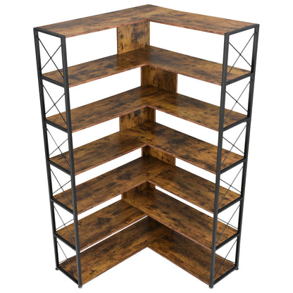 7-Tier L-Shaped Corner Bookcase - Industrial Style Home Office Bookshelf