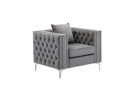 Gray Velvet Chair with Handmade Nailhead Trim and Button Tufted Design