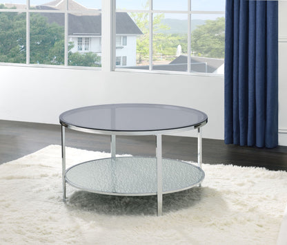 Tempered Gray Glass Round Coffee Table - Silver, Chrome Plated Iron