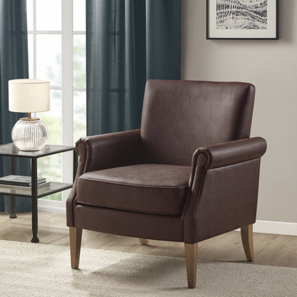 Faux Leather Accent Arm Chair - Solid Wood Frame & Pecan Finish