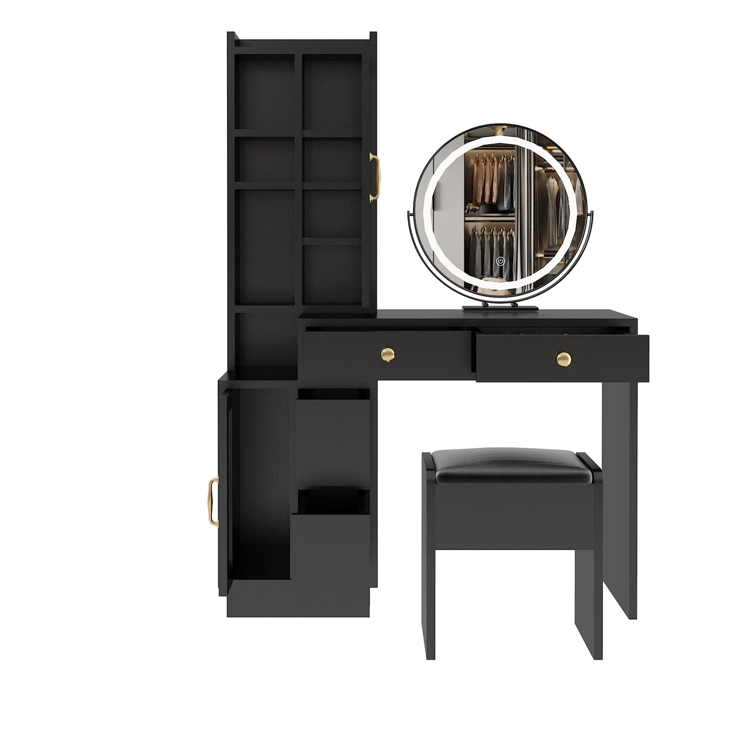 Makeup Vanity Table & Slim Armoire Wardrobe Set - Black, LED Mirror & Power Outlets