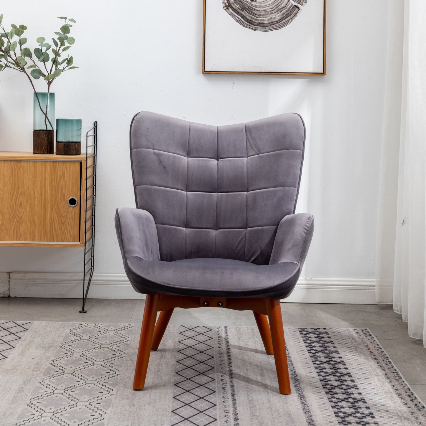 Silky Velvet Tufted Accent Chair with Ottoman - Gray