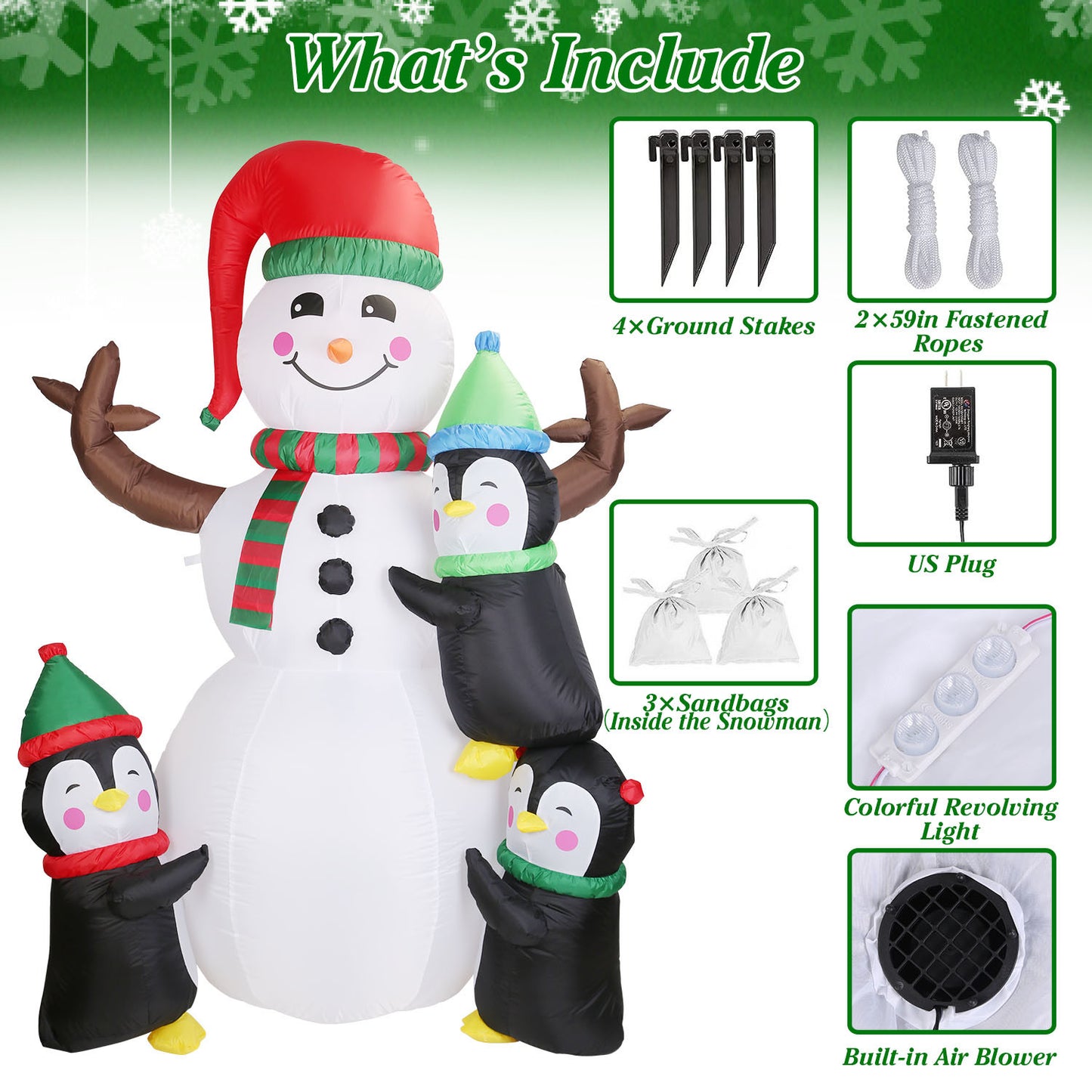 5.9FT Christmas Inflatable Outdoor Snowman & Penguin Decoration - LED Light Blow Up Yard Decor with Built-in Air Blower