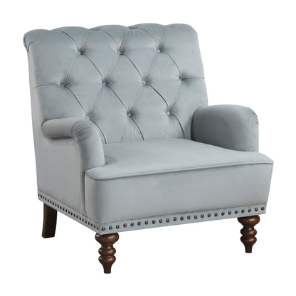 Luxurious Accent Chair Gray Velvet Upholstered Button Tufted with Nailhead Trim