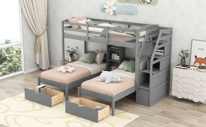 Triple Twin Bunk Bed with Drawers & Storage Staircase