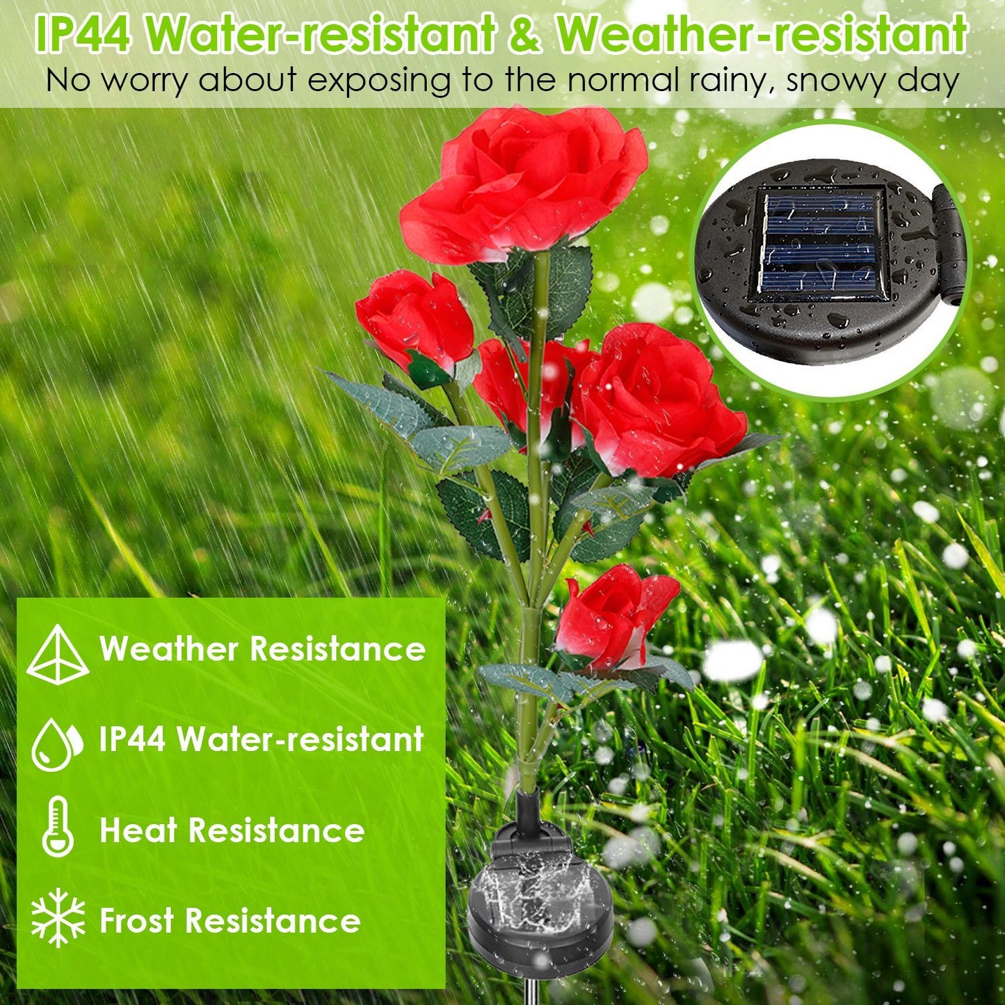 2Pcs Solar Powered Rose Flower LED Pathway Lights - Water Resistant