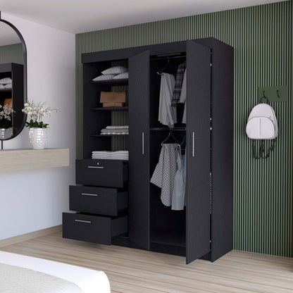 3-Drawer Armoire Black | Ample Storage with Shelves & Hangers