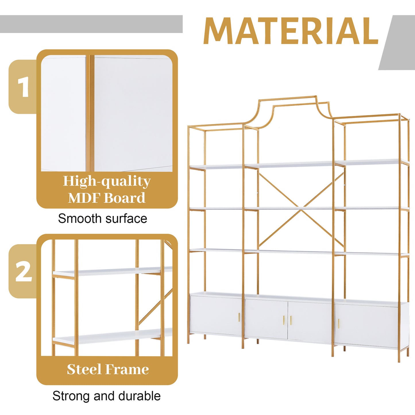 78-Inch 4-Tier Bookcase with Storage Cabinet - Gold Frame