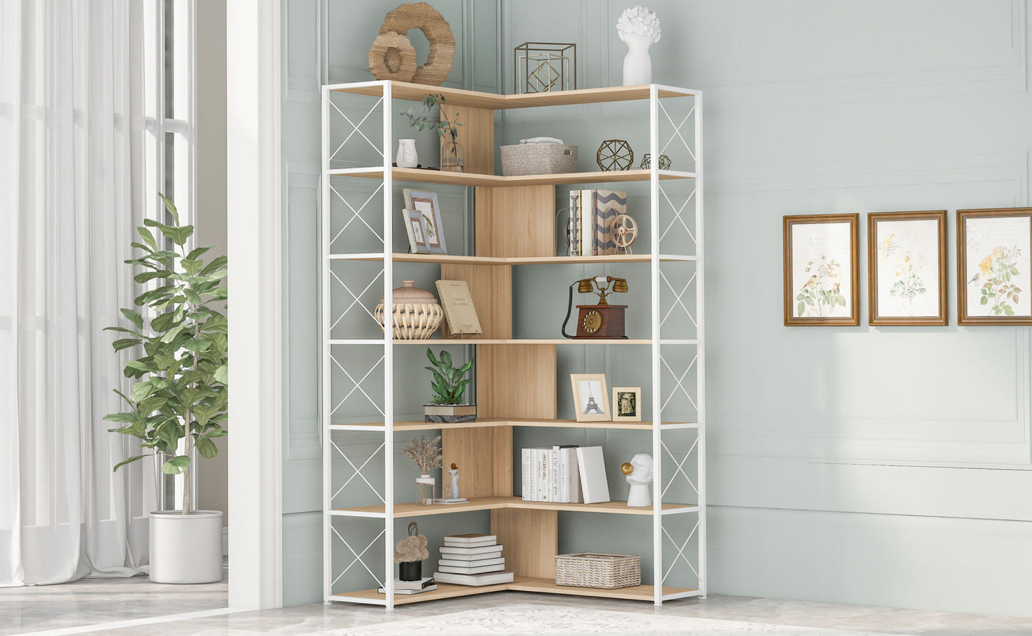 7-Tier L-Shaped Corner Bookcase - Industrial Style Home Office Bookshelf