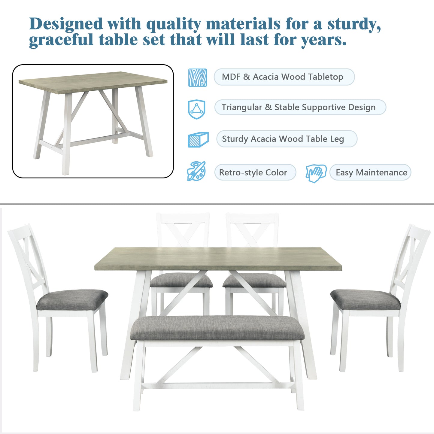 6-Piece Rustic Dining Table Set - Table, Bench & 4 Chairs