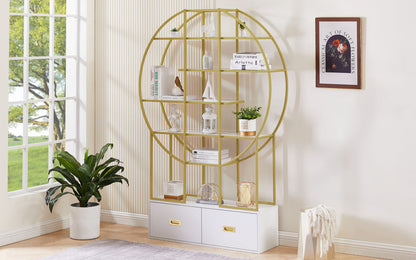 70.8" Round Office Bookcase - Bookshelf with Two Drawers & Gold Frame