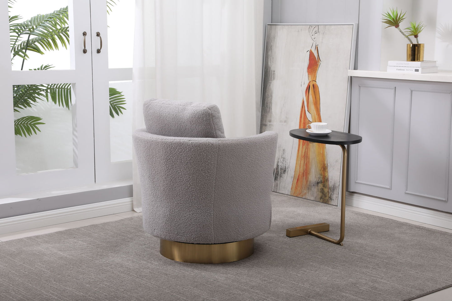 Swivel Barrel Chair with Gold Stainless Steel Base, Gray Accent Chair