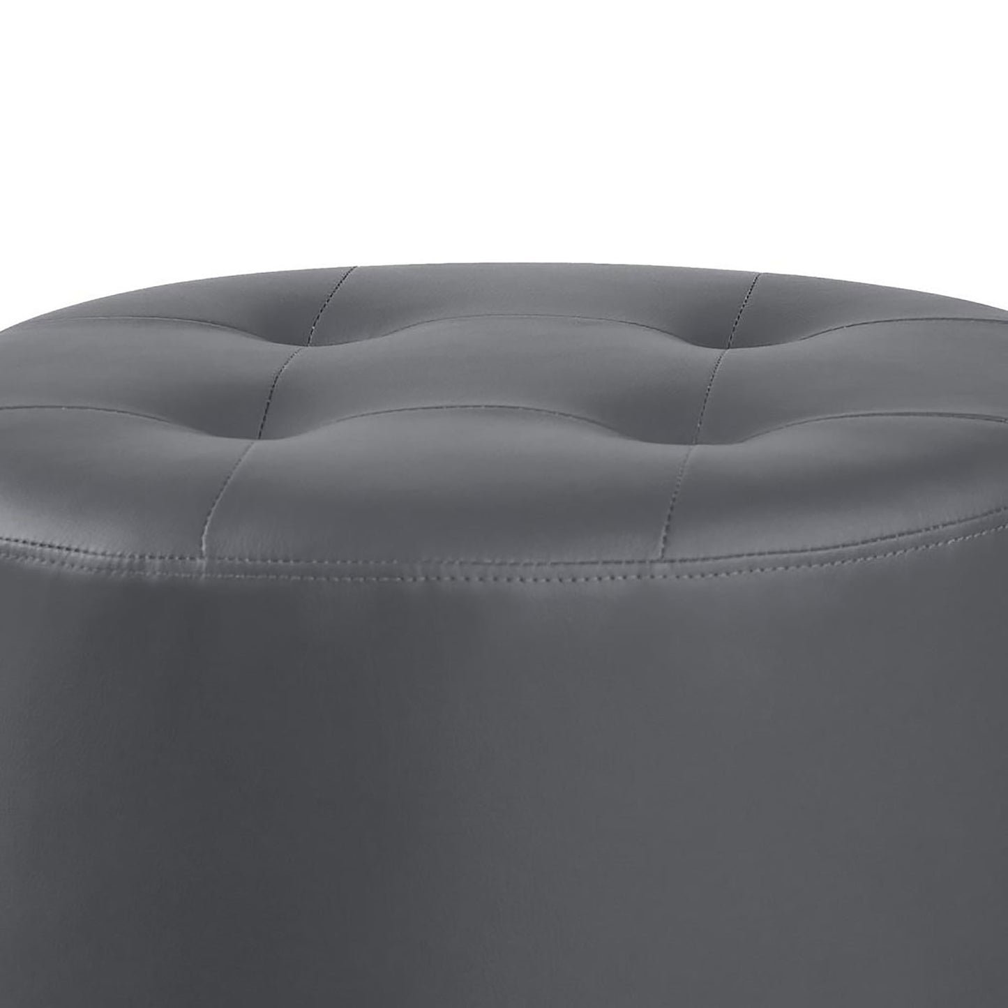 Gray Round Ottoman - Tufted Bonded Leather Upholstery with Chrome Swivel Base