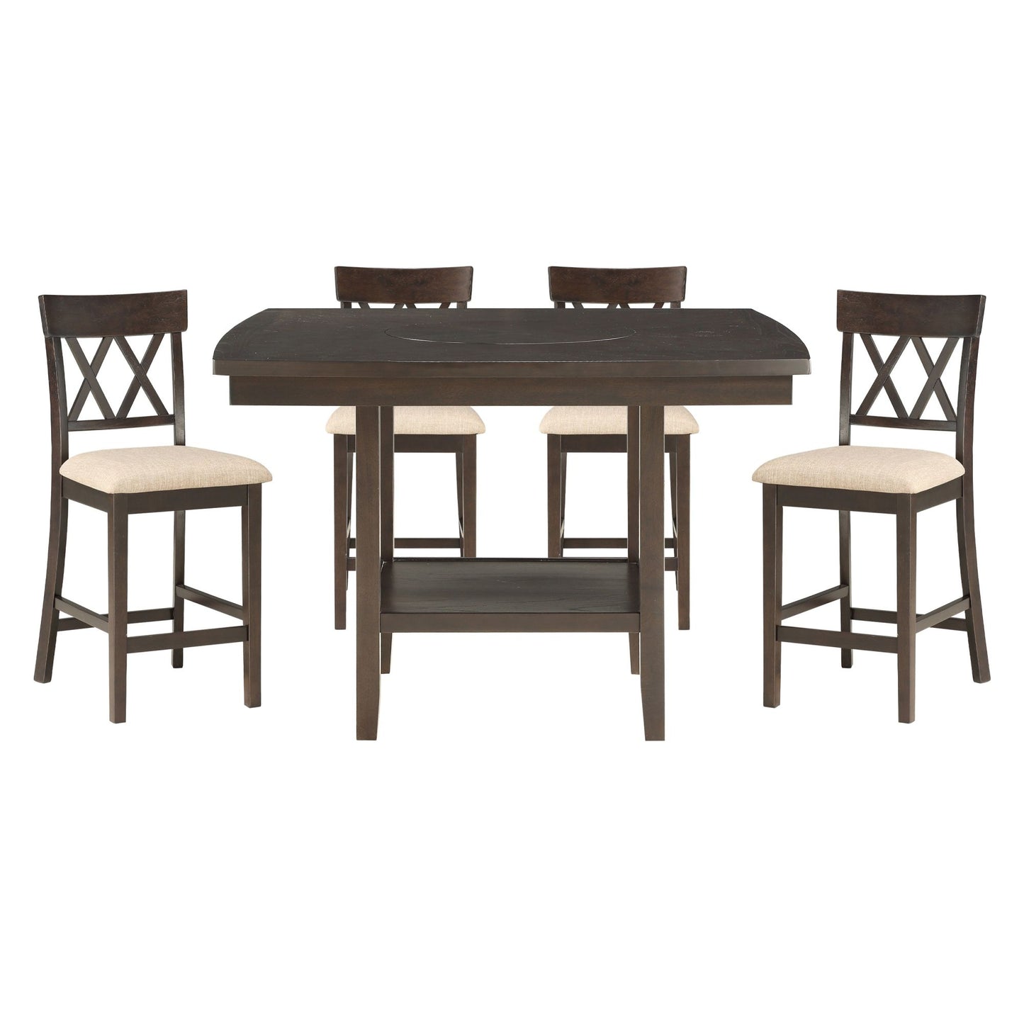 Dark Brown Finish Counter Height Dining Set with Lazy Susan - 5pc Set