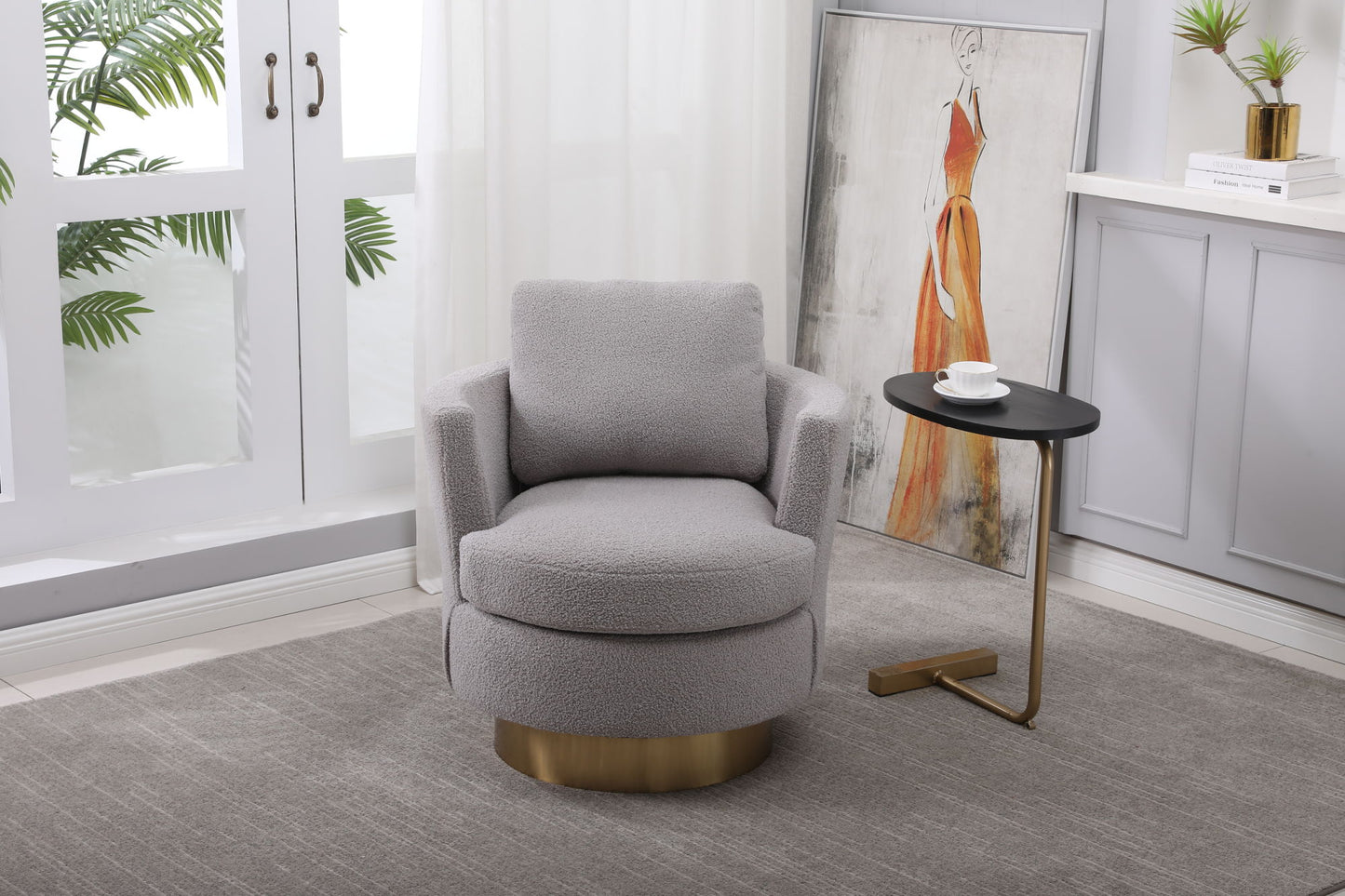 Swivel Barrel Chair with Gold Stainless Steel Base, Gray Accent Chair