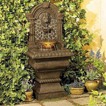 3-Tiered Wall Water Fountain with Royal Lions Head & LED Light - 51" High for Garden, Patio, Backyard, Deck