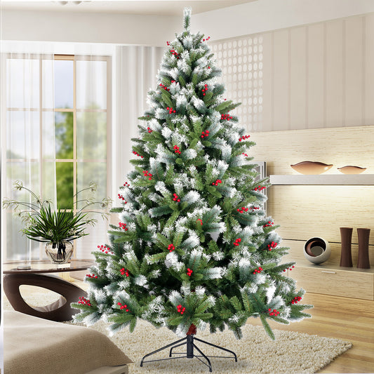 7.5ft Artificial Christmas Tree | Flocked Pine Needle Tree with Cones & Red Berries, Foldable Stand