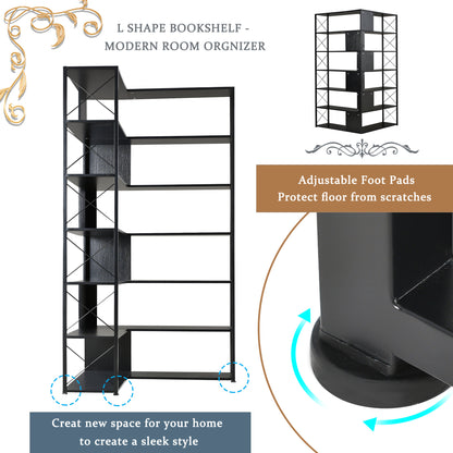 7-Tier L-Shaped Corner Bookcase - Industrial Style Home Office Bookshelf