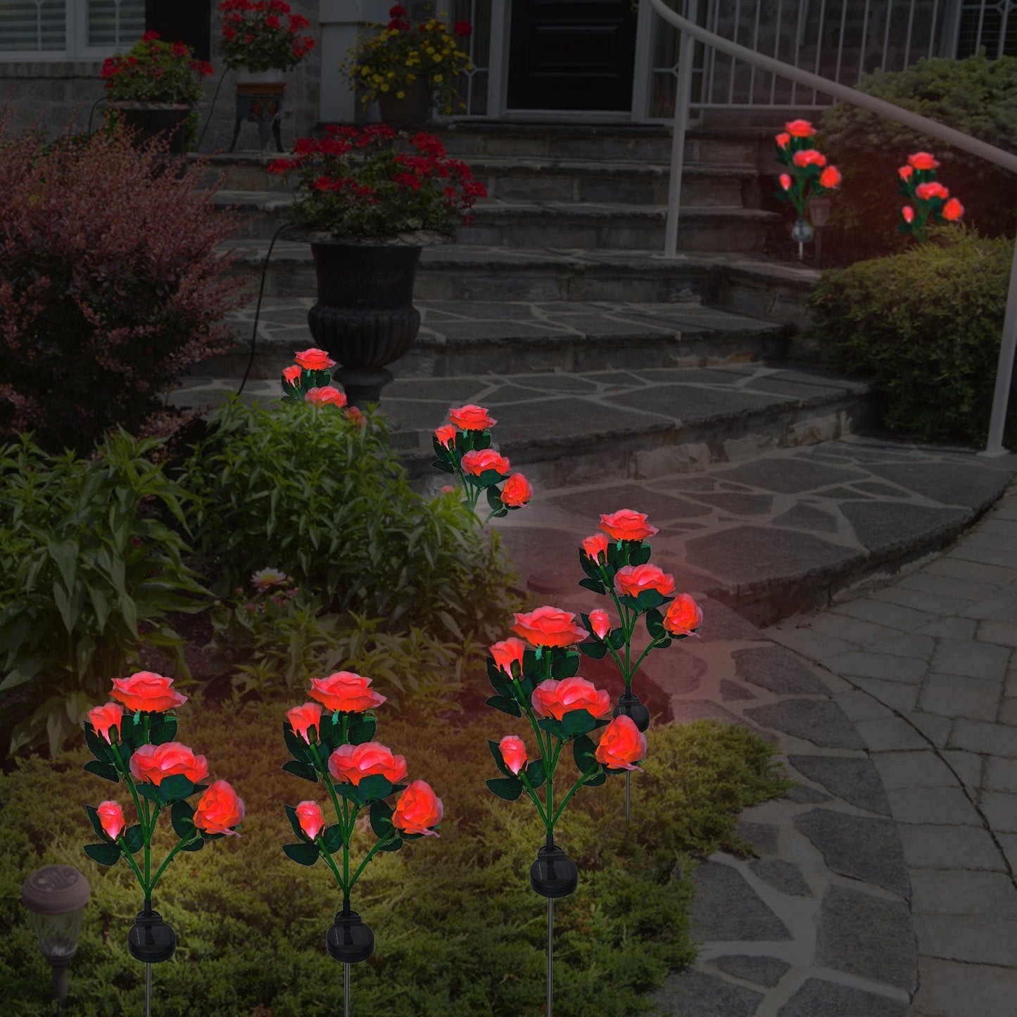 2Pcs Solar Powered Rose Flower LED Pathway Lights - Water Resistant