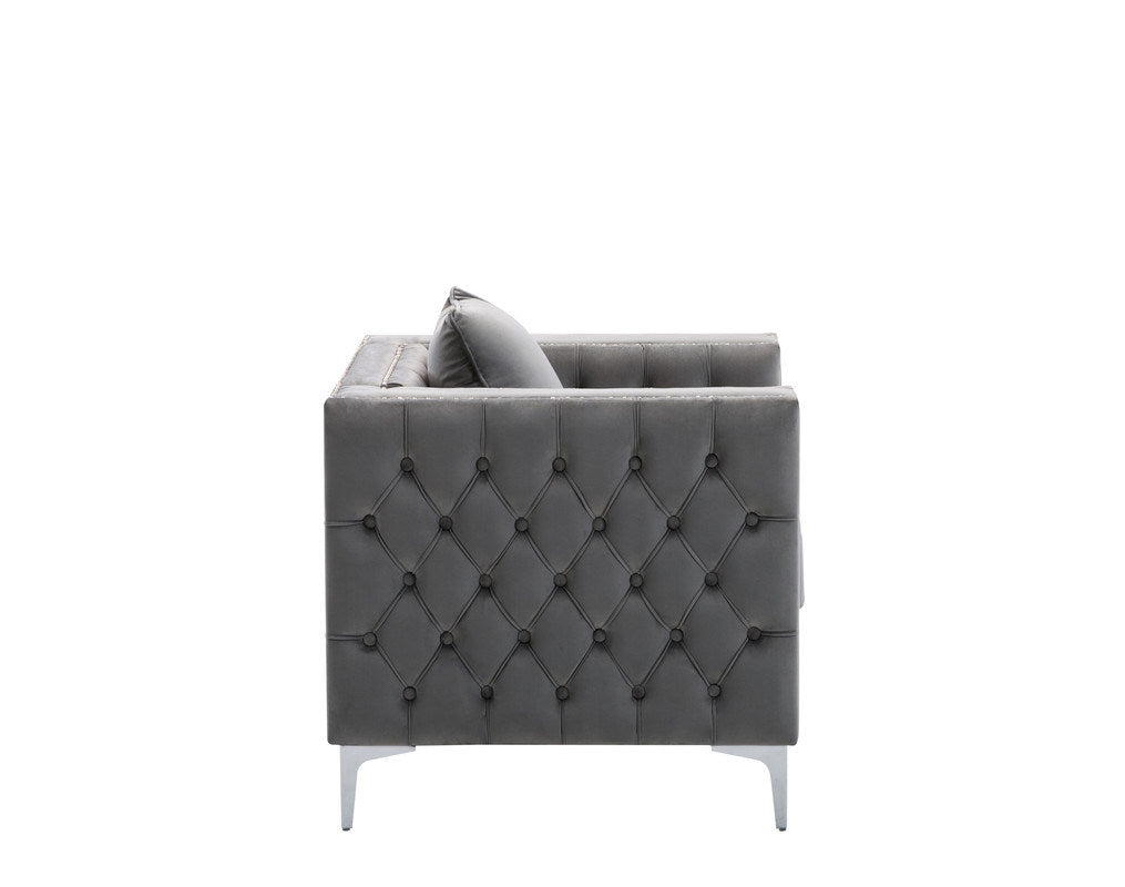 Gray Velvet Chair with Handmade Nailhead Trim and Button Tufted Design