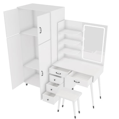 Makeup Vanity Table & Large Armoire Wardrobe Set - White, LED Mirror & Power Outlets