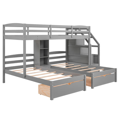 Triple Twin Bunk Bed with Drawers & Storage Staircase