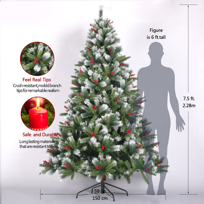 7.5ft Artificial Christmas Tree | Flocked Pine Needle Tree with Cones & Red Berries, Foldable Stand