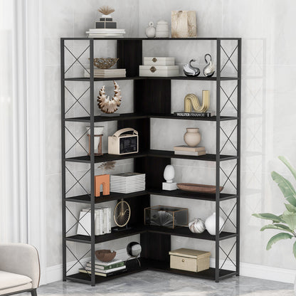 7-Tier L-Shaped Corner Bookcase - Industrial Style Home Office Bookshelf