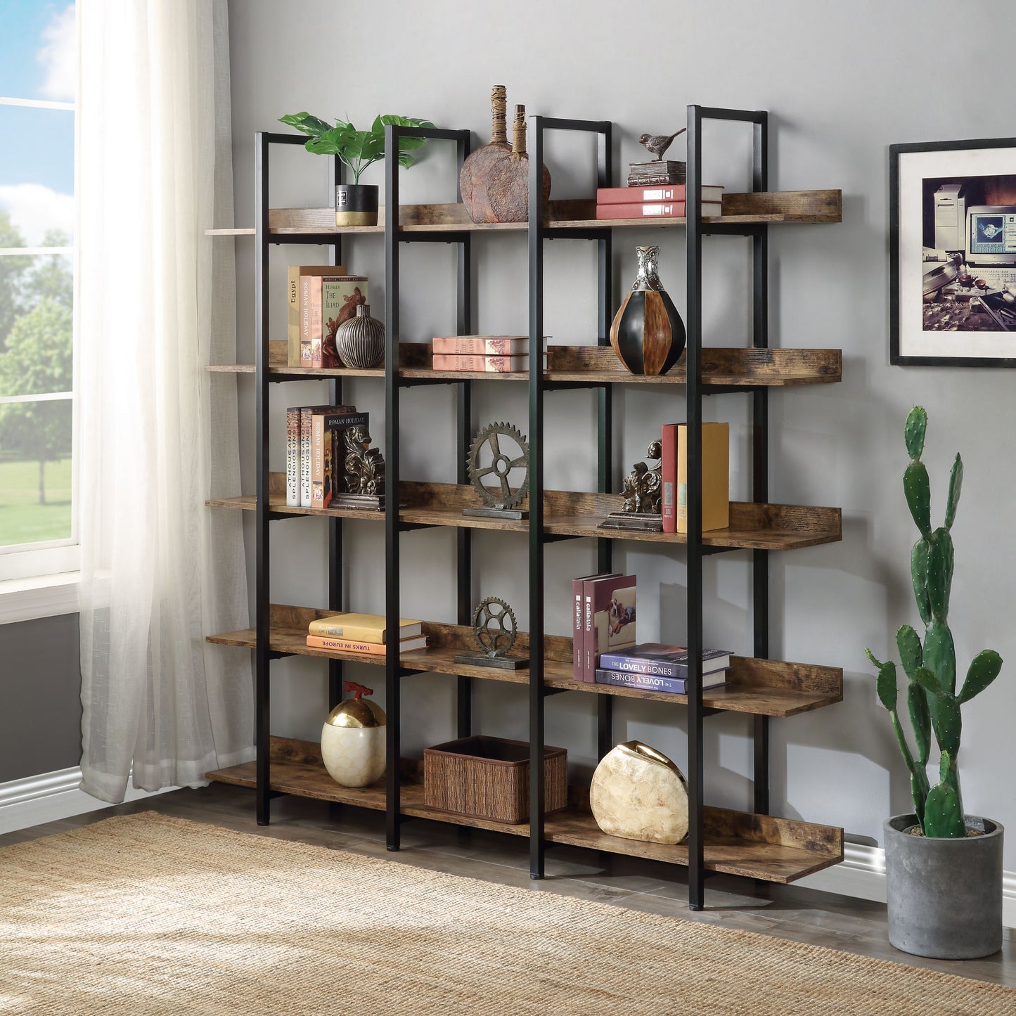 5-Tier Bookcase - Vintage Industrial Bookshelf with Metal Frame