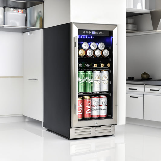 Premium 15-Inch Mini Beverage Refrigerator / Wine Cooler - 120 Cans, Built-in & Freestanding