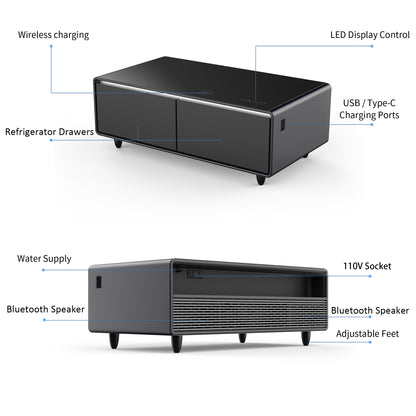 Modern Smart Coffee Table - Built-in Fridge, Bluetooth Speaker, Wireless Charging, Black