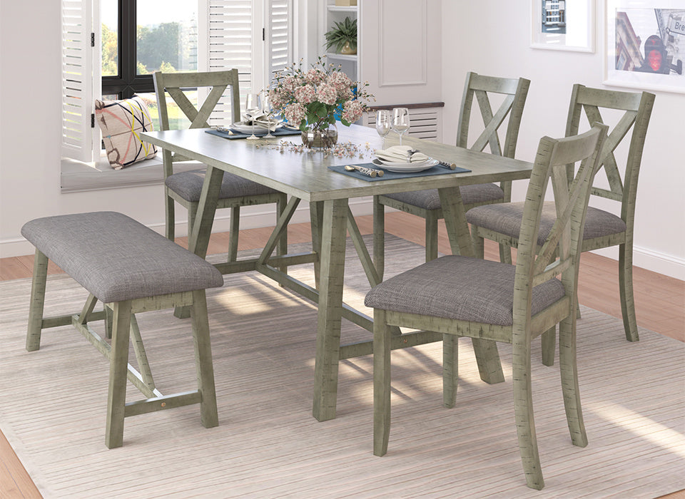 6-Piece Rustic Dining Table Set - Table, Bench & 4 Chairs