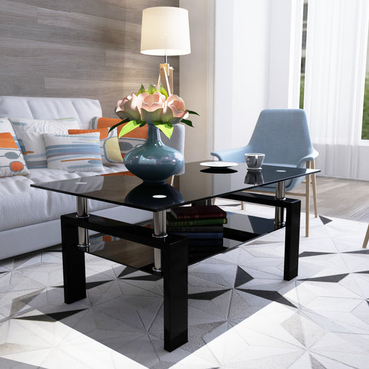 Rectangle Black Glass Coffee Table - Modern Side Center Table for Living Room