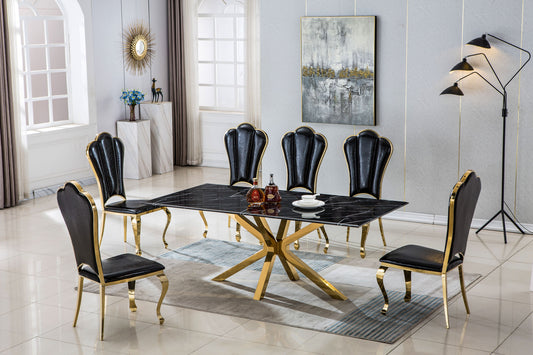 Modern Rectangular Marble Dining Table - Gold Finish Base, 79"L x 39"D x 30"H