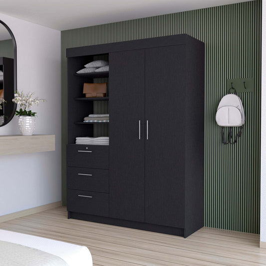 3-Drawer Armoire Black | Ample Storage with Shelves & Hangers