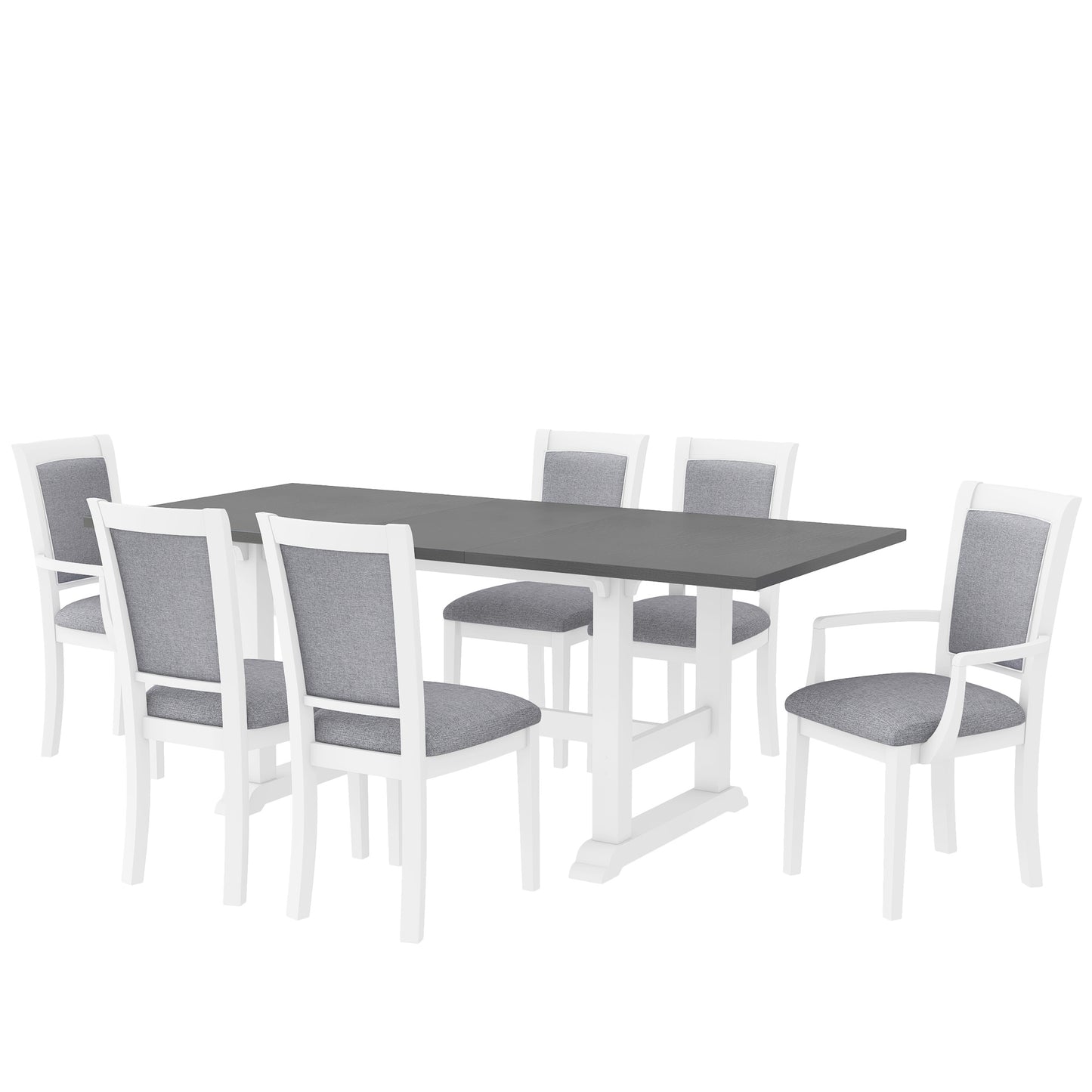 7-Piece Extendable Trestle Dining Table Set - White, 76.9" with Removable Leaf