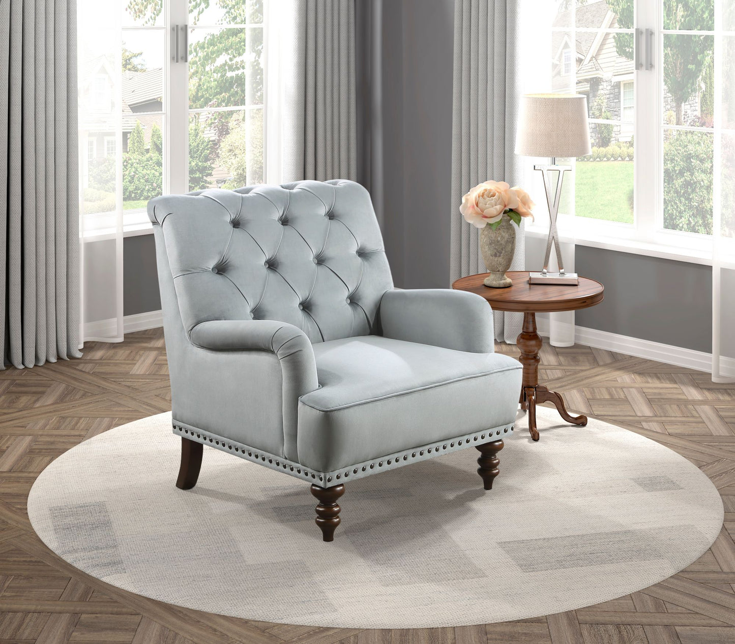 Luxurious Accent Chair Gray Velvet Upholstered Button Tufted with Nailhead Trim