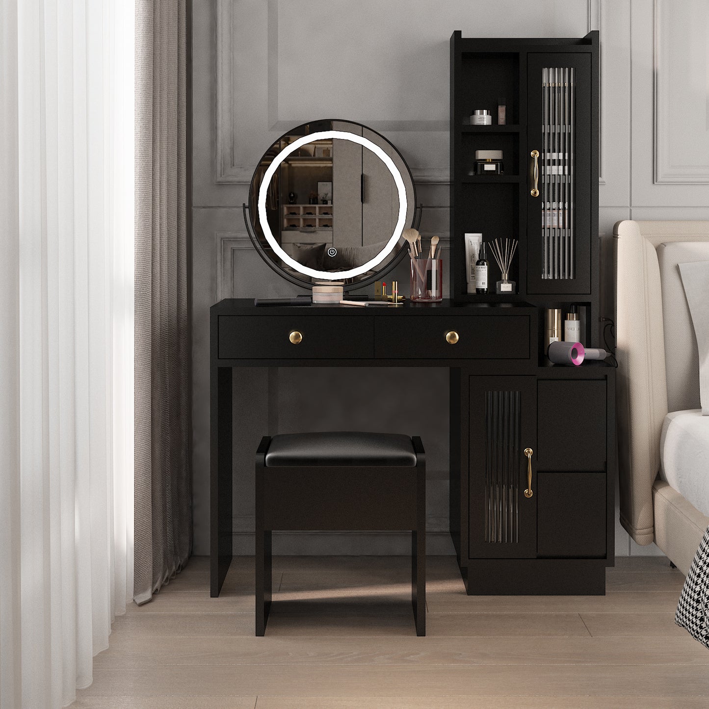 Makeup Vanity Table & Slim Armoire Wardrobe Set - Black, LED Mirror & Power Outlets