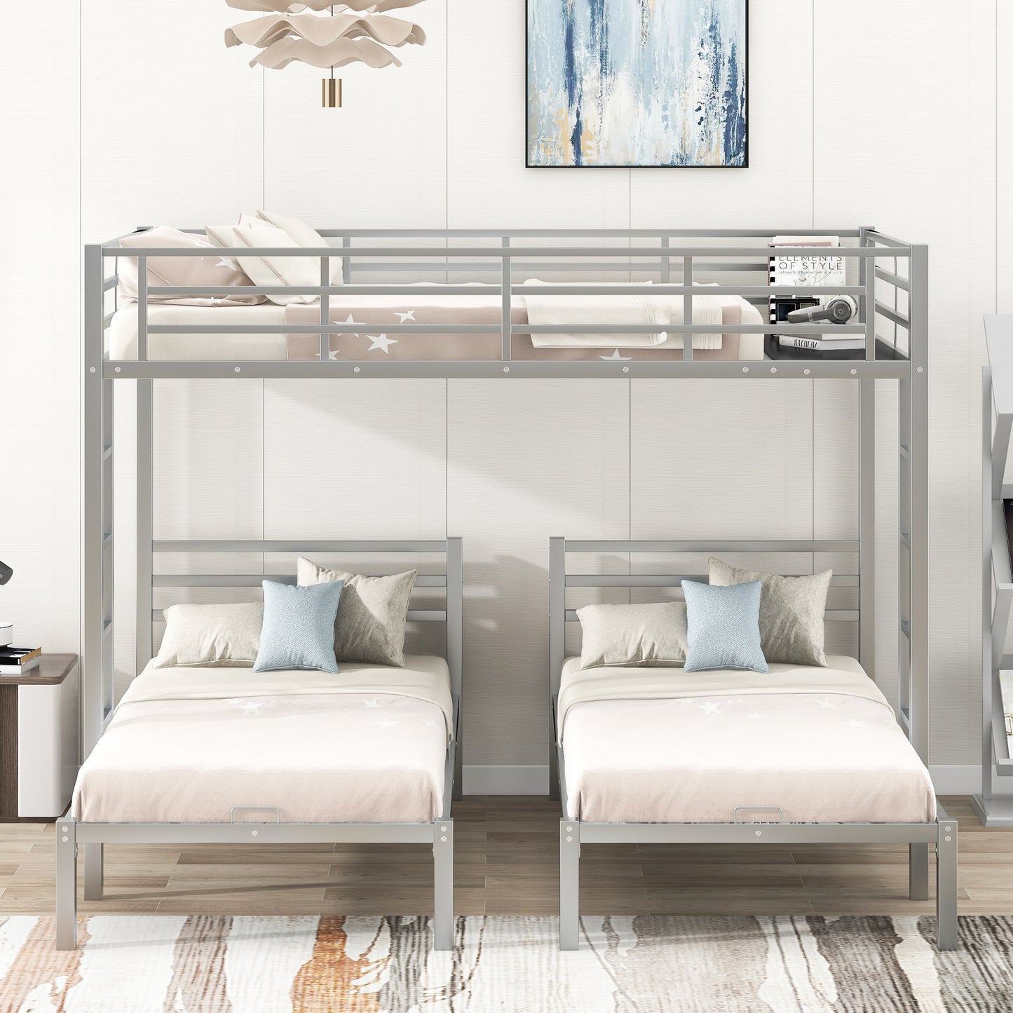 Full over Twin & Twin Size Bunk Metal Bed with Built-in Shelf