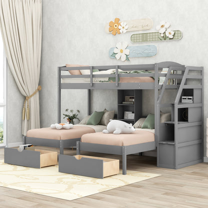 Triple Twin Bunk Bed with Drawers & Storage Staircase