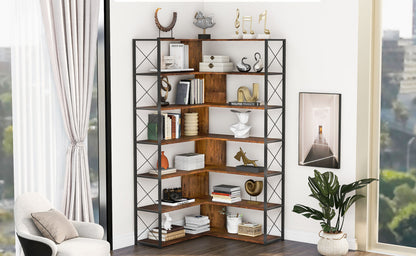 7-Tier L-Shaped Corner Bookcase - Industrial Style Home Office Bookshelf