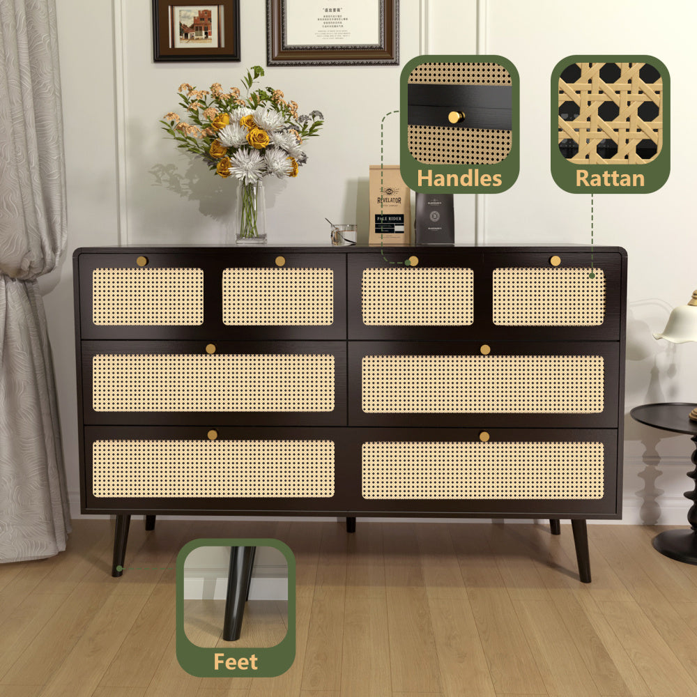 Modern Minimalist 6-Drawer Dresser with Rattan Door & Gold Handles