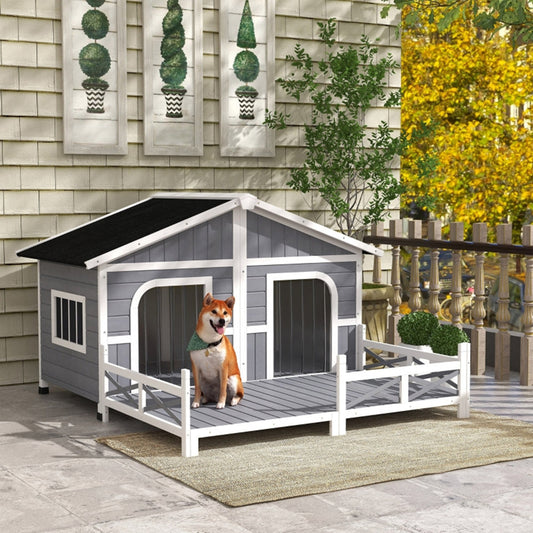 Cabin Styled Dog House with Spacious Deck & Raised Floor