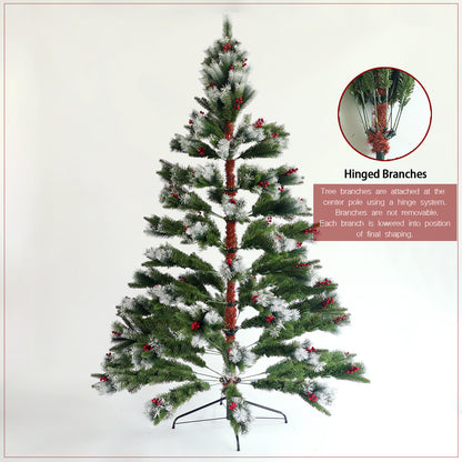 7.5ft Artificial Christmas Tree | Flocked Pine Needle Tree with Cones & Red Berries, Foldable Stand