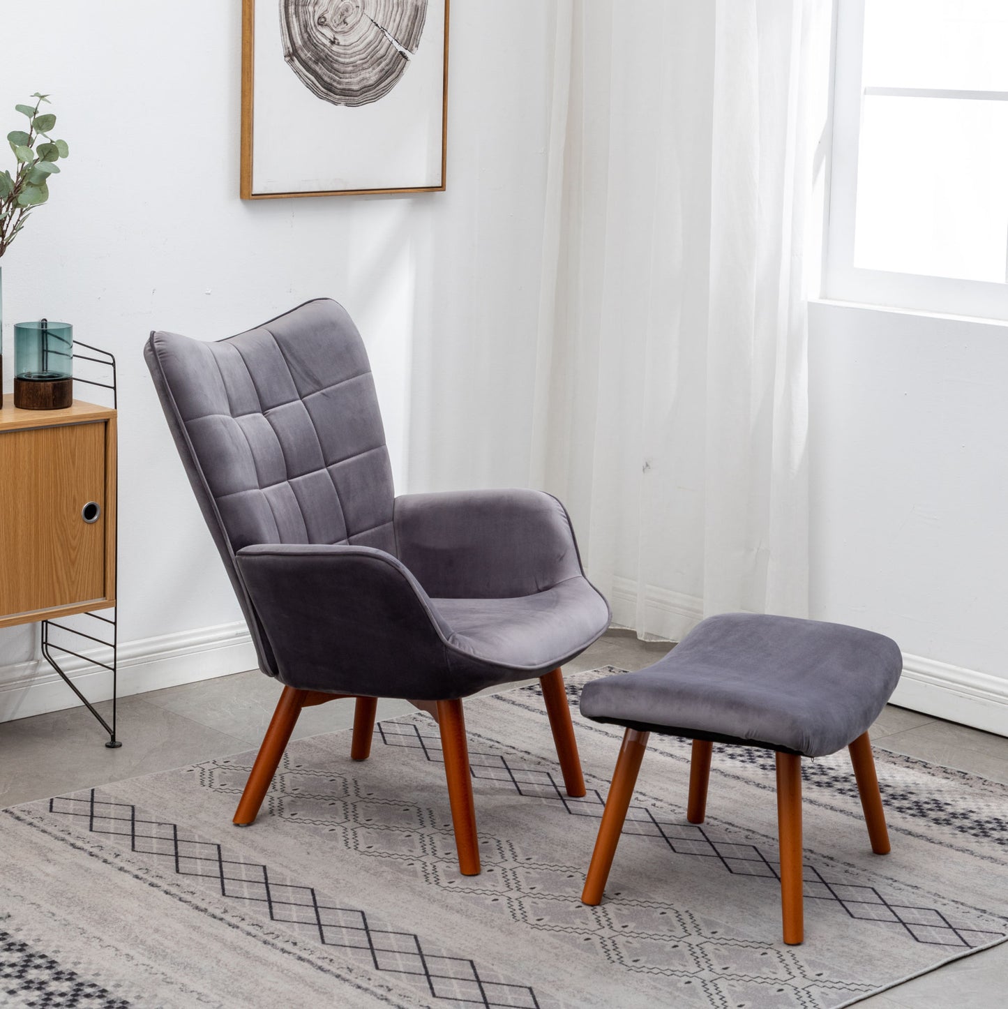 Silky Velvet Tufted Accent Chair with Ottoman - Gray